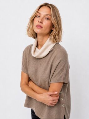 Claudia Nichole 100% Cashmere Taupe Poncho Sweater Cowl Neck Size Small Petite